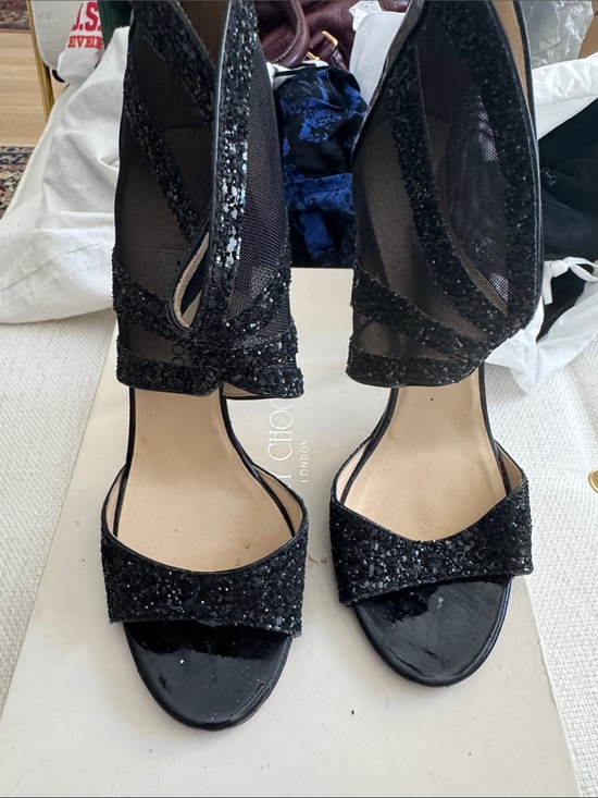 Jimmy Choo Shoes - Jimmy Choo Black Glitter Mesh Ankle-Heel Sandals